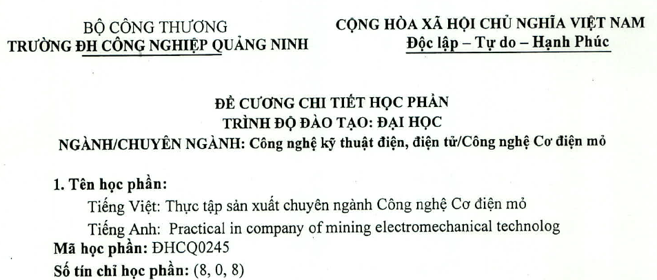 Đề cương chi tiết học phần công nghệ kỹ thuật điện điện tử, công nghệ cơ điện mỏ